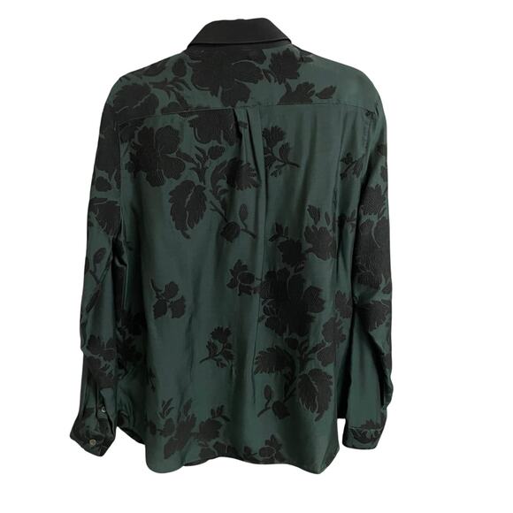 Burberry London Dark Green Black Textured Floral Print Button Up Top Womens US 8 - Picture 7 of 10
